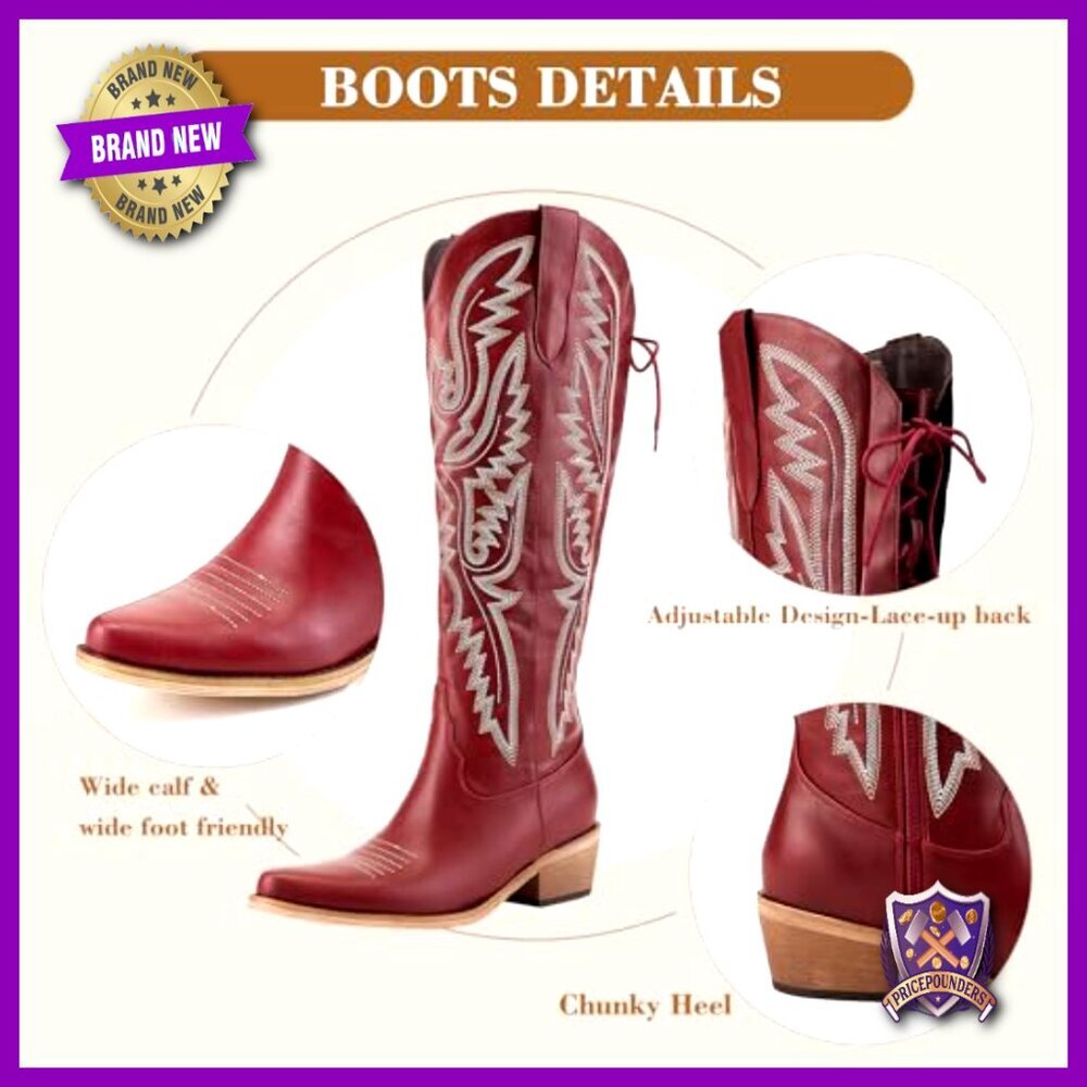 Knee High Cowboy Boots Adjustable Lace Up Embroidered Chunky Heel Western Boots - Picture 6 of 7